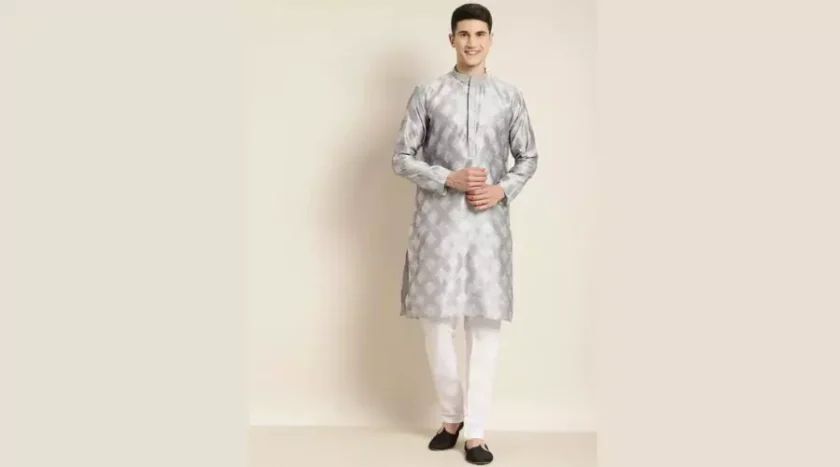 SOJANYA Men Grey & Golden Ethnic Motifs Kurta